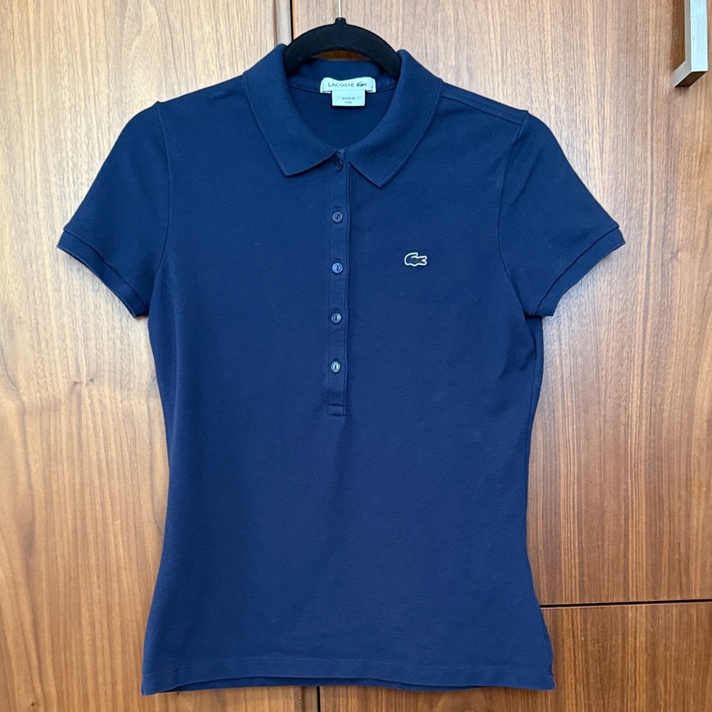 Lacoste Women's Dark Blue Button Down Slim Fit Polo Shirt size 38 S/M